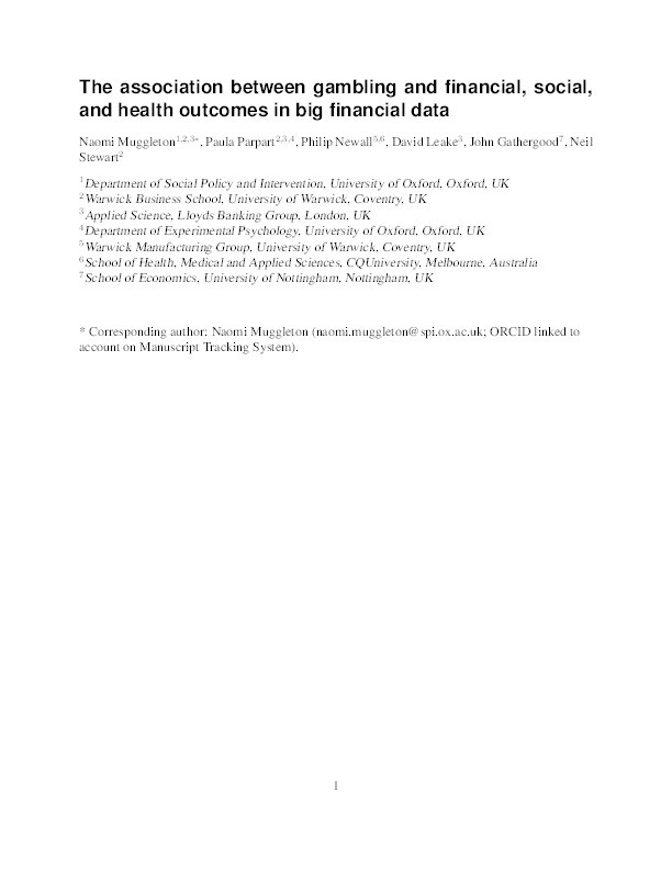 The association between gambling and financial, social and health outcomes in big financial data Thumbnail