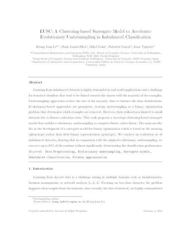 EUSC: A clustering-based surrogate model to accelerate evolutionary undersampling in imbalanced classification Thumbnail