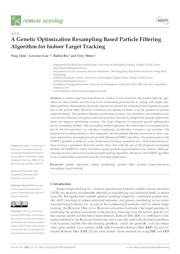 A Genetic Optimization Resampling Based Particle Filtering Algorithm for Indoor Target Tracking Thumbnail