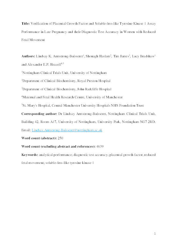 Verification of placental growth factor and soluble-fms-like tyrosine kinase 1 assay performance in late pregnancy and their diagnostic test accuracy in women with reduced fetal movement Thumbnail