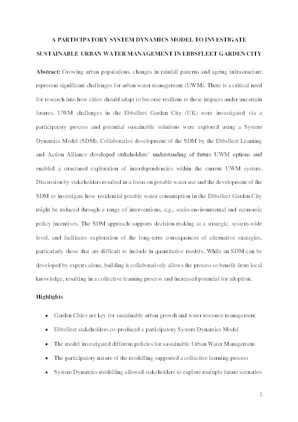 A participatory system dynamics model to investigate sustainable urban water management in Ebbsfleet Garden City Thumbnail