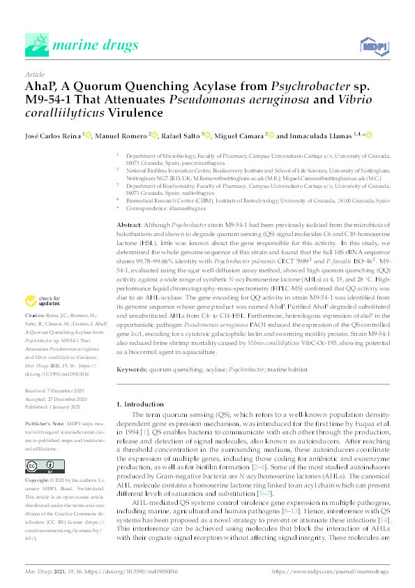 AhaP, A Quorum Quenching Acylase from Psychrobacter sp. M9-54-1 That Attenuates Pseudomonas aeruginosa and Vibrio coralliilyticus Virulence Thumbnail