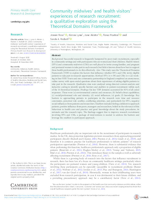 Community midwives' and health visitors' experiences of research recruitment: a qualitative exploration using the Theoretical Domains Framework Thumbnail