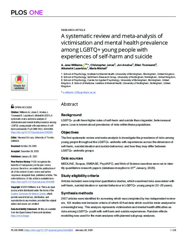 A systematic review and meta-analysis of victimisation and mental health prevalence among LGBTQ+ young people with experiences of self-harm and suicide Thumbnail