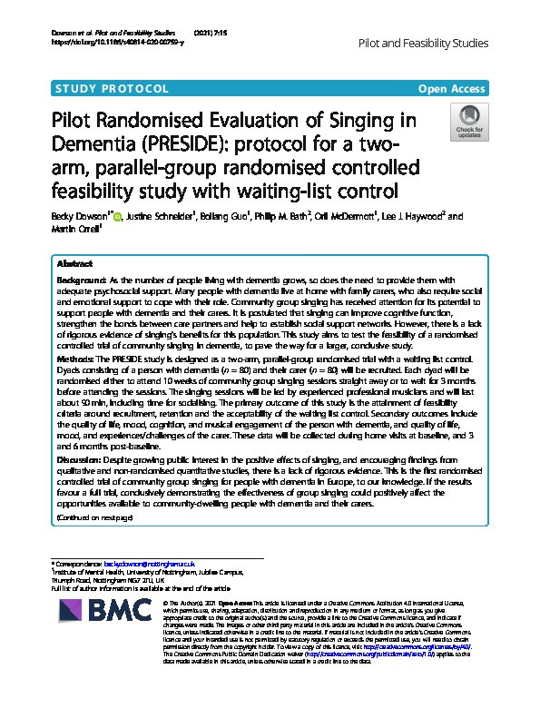 Pilot Randomised Evaluation of Singing in Dementia (PRESIDE): protocol for a two-arm, parallel group randomised controlled feasibility study with waiting-list control Thumbnail