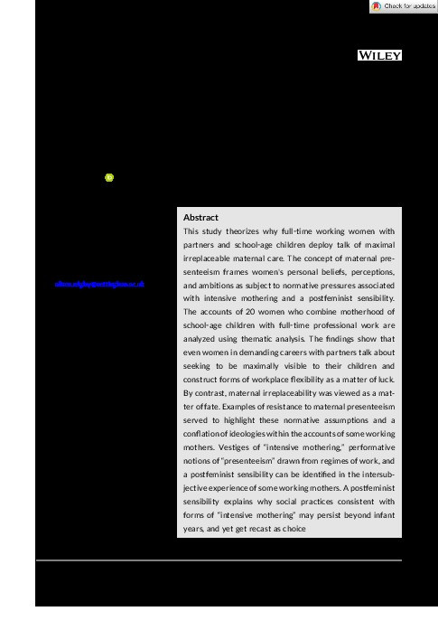 Maternal presenteeism: theorizing the importance for working mothers of 'being there' for their children beyond infancy Thumbnail