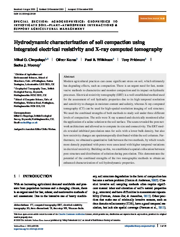 Hydrodynamic characterization of soil compaction using integrated electrical resistivity and X-ray computed tomography Thumbnail