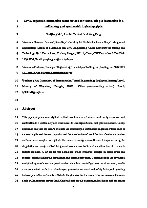 Cavity expansion-contraction based method for tunnel-soil-pile interaction in a unified clay and sand model: drained analysis Thumbnail