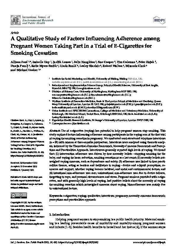 A Qualitative Study of Factors Influencing Adherence among Pregnant Women Taking Part in a Trial of E-Cigarettes for Smoking Cessation Thumbnail