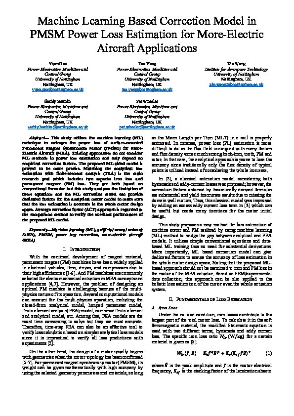 Machine Learning Based Correction Model in PMSM Power Loss Estimation for More-Electric Aircraft Applications Thumbnail