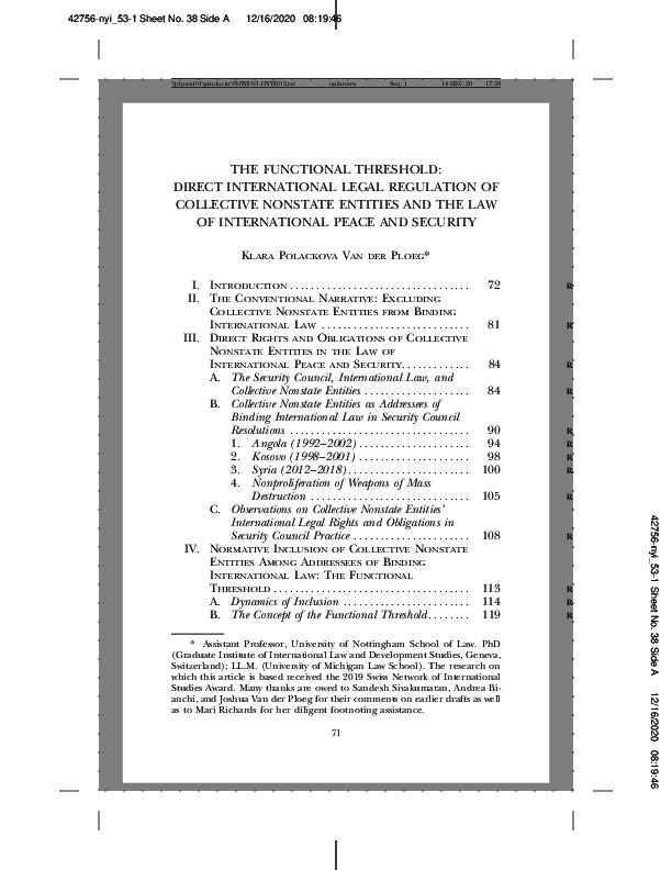 The Functional Threshold: Direct International Legal Regulation of Collective Nonstate Entities and the Law of International Peace and Security Thumbnail