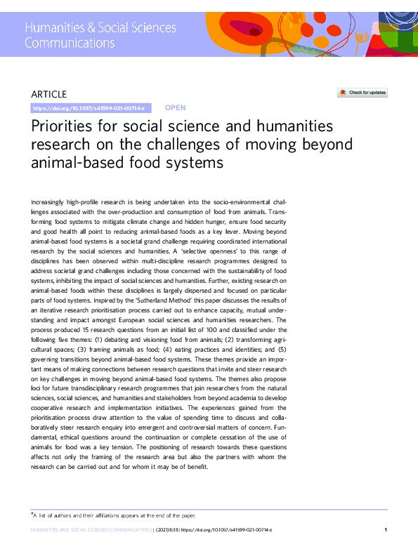 Priorities for social science and humanities research on the challenges of moving beyond animal-based food systems Thumbnail