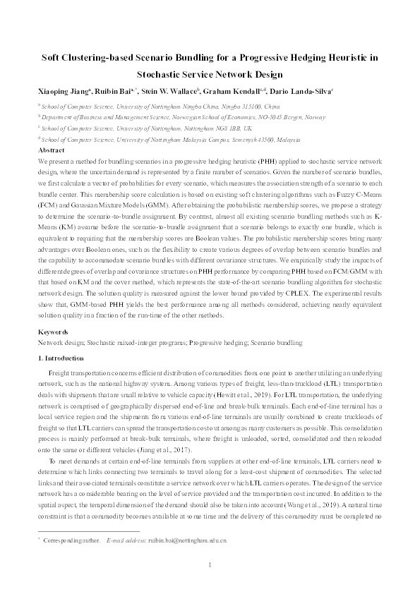 Soft clustering-based scenario bundling for a progressive hedging heuristic in stochastic service network design Thumbnail