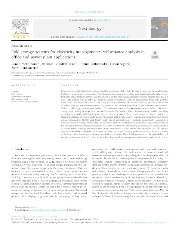 Cold storage systems for electricity management: Performance analysis in office and power plant applications Thumbnail