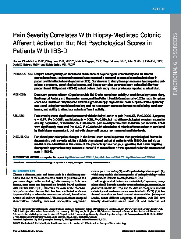 Pain severity correlates with biopsy mediated colonic afferent activation but not psychological scores in IBS-D patients Thumbnail