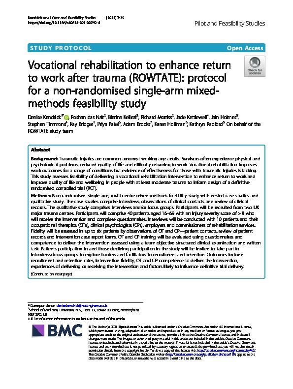 Vocational rehabilitation to enhance return to work after trauma (ROWTATE): protocol for a non-randomised single-arm mixed-methods feasibility study Thumbnail