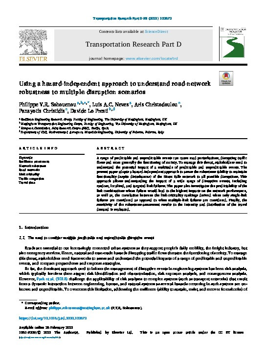 Using a hazard-independent approach to understand road-network robustness to multiple disruption scenarios Thumbnail