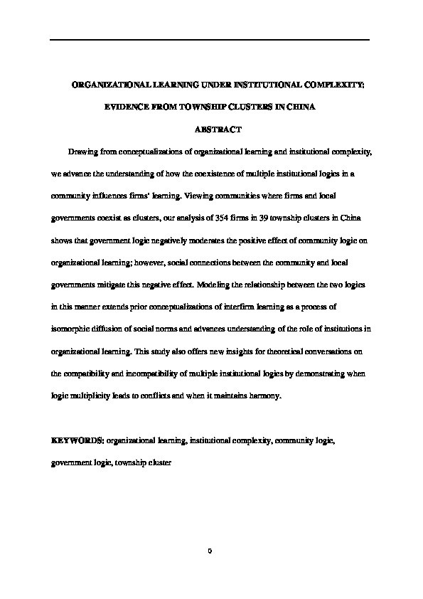 Organizational Learning Under Institutional Complexity: Evidence from Township Clusters in China Thumbnail