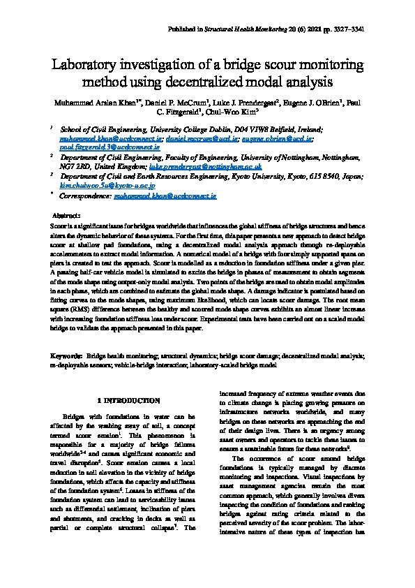 Laboratory investigation of a bridge scour monitoring method using decentralized modal analysis Thumbnail