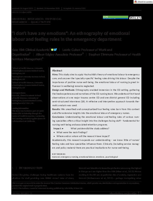 “I don’t have any emotions”: An ethnography of emotional labour and feeling rules in the emergency department Thumbnail