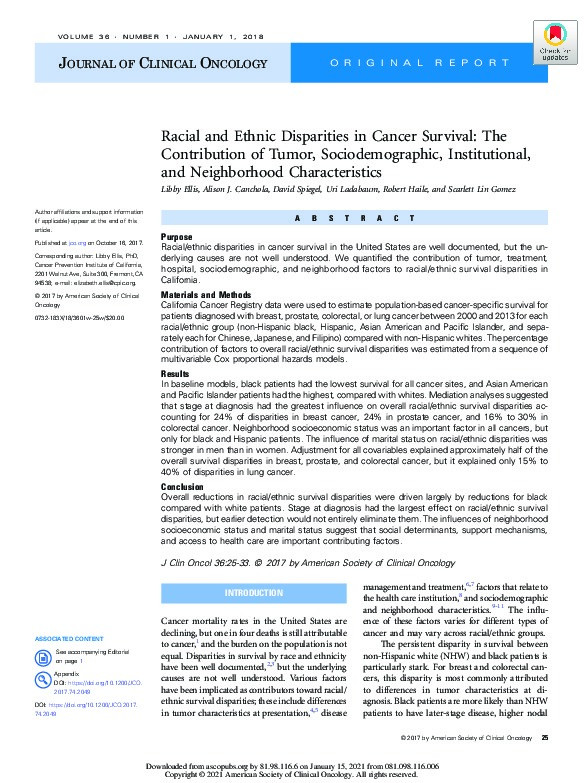 Racial and Ethnic Disparities in Cancer Survival: The Contribution of Tumor, Sociodemographic, Institutional, and Neighborhood Characteristics Thumbnail