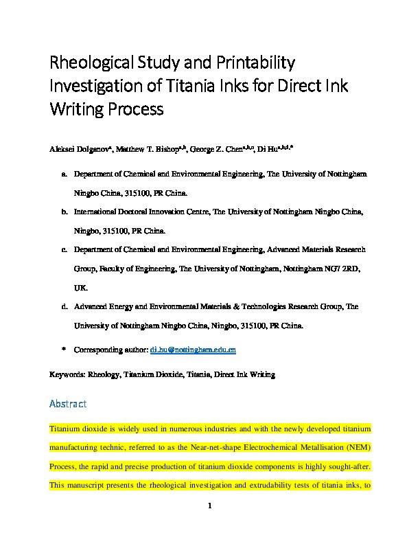 Rheological study and printability investigation of titania inks for Direct Ink Writing process Thumbnail