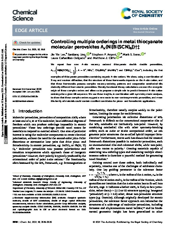 Controlling multiple orderings in metal thiocyanate molecular perovskites Ax{Ni[Bi(SCN)6]} Thumbnail