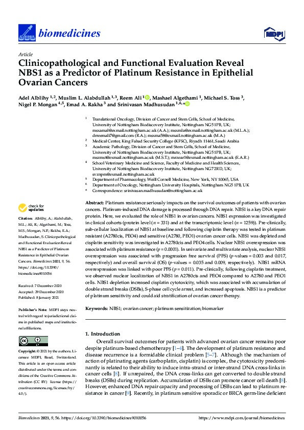 Clinicopathological and Functional Evaluation Reveal NBS1 as a Predictor of Platinum Resistance in Epithelial Ovarian Cancers Thumbnail