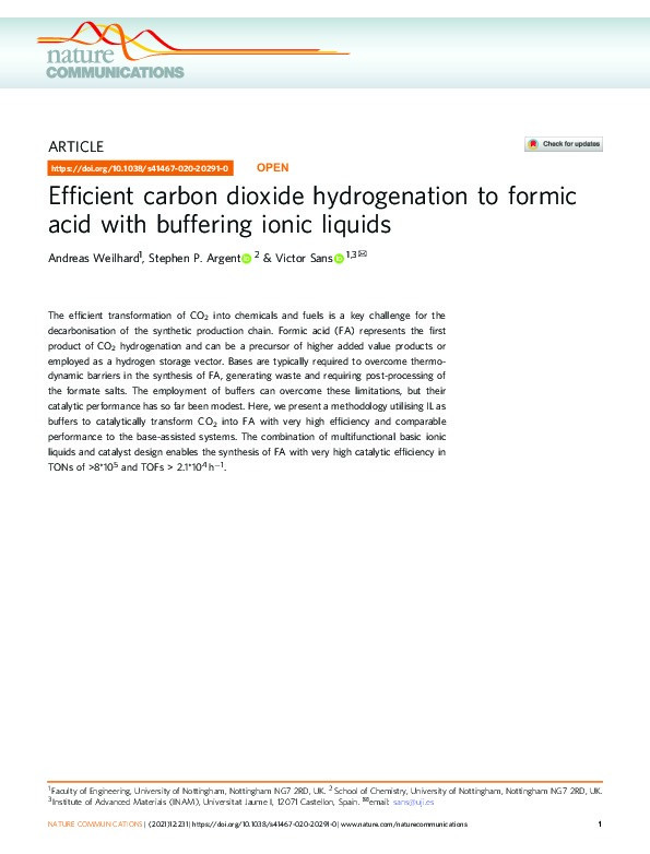 Efficient carbon dioxide hydrogenation to formic acid with buffering ionic liquids Thumbnail