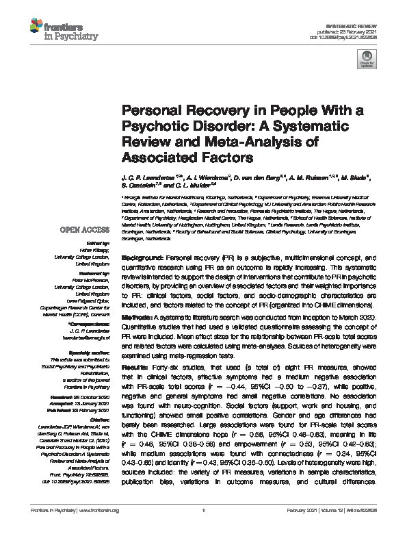 Personal Recovery in People With a Psychotic Disorder: A Systematic Review and Meta-Analysis of Associated Factors Thumbnail