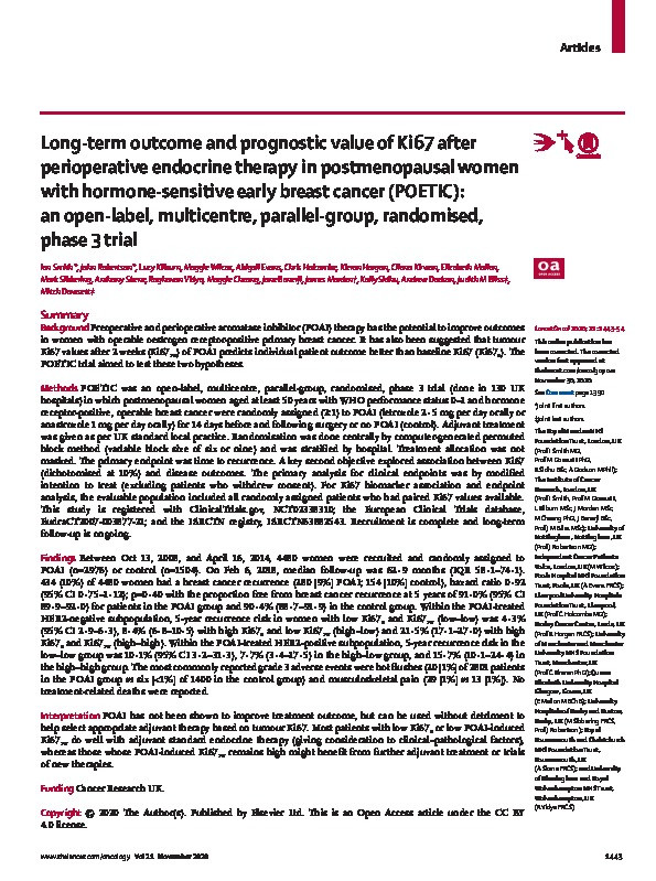 Long-term outcome and prognostic value of Ki67 after perioperative endocrine therapy in postmenopausal women with hormone-sensitive early breast cancer (POETIC): an open-label, multicentre, parallel-group, randomised, phase 3 trial Thumbnail