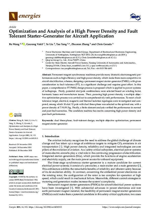 Optimization and Analysis of a High Power Density and Fault Tolerant Starter–Generator for Aircraft Application Thumbnail