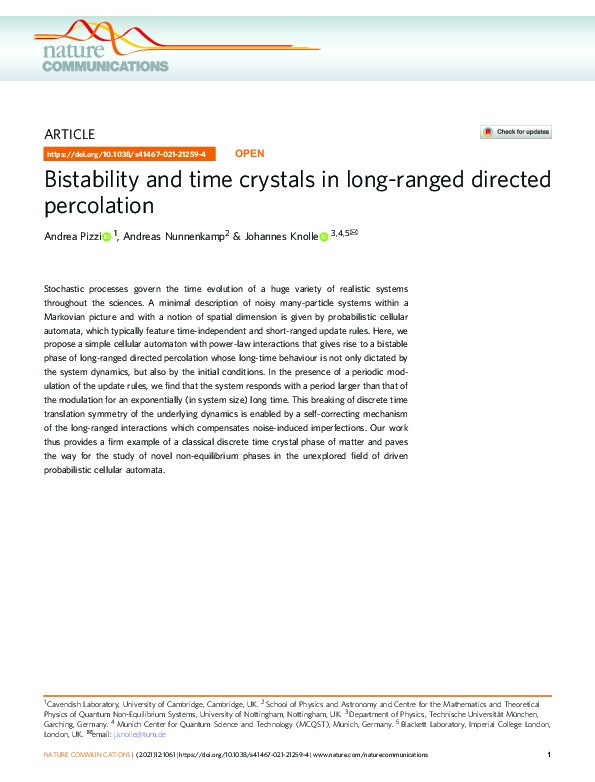 Bistability and time crystals in long-ranged directed percolation Thumbnail