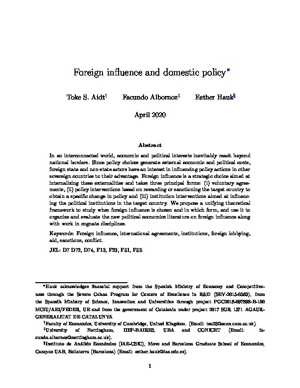 Foreign influence and domestic policy Thumbnail