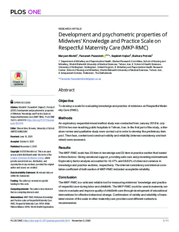 Development and psychometric properties of Midwives' Knowledge and Practice Scale on Respectful Maternity Care (MKP-RMC) Thumbnail