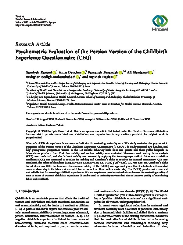 Psychometric Evaluation of the Persian Version of the Childbirth Experience Questionnaire (CEQ) Thumbnail