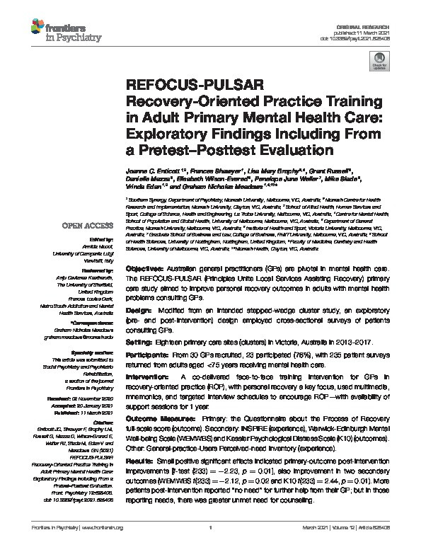 REFOCUS-PULSAR Recovery-Oriented Practice Training in Adult Primary Mental Health Care: Exploratory Findings Including From a Pretest–Posttest Evaluation Thumbnail