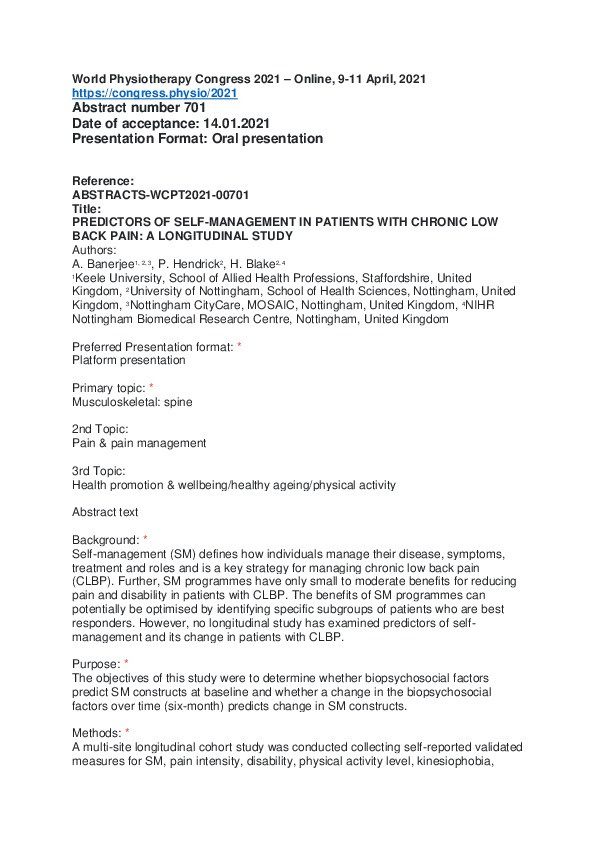 Predictors of self-management in patients with chronic low back pain: a longitudinal study Thumbnail