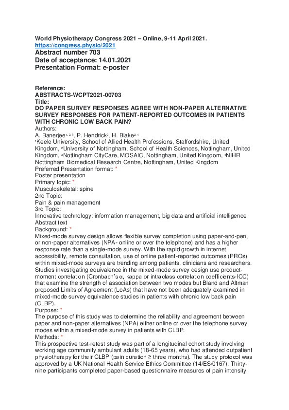 Do paper survey responses agree with non-paper alternative survey responses for patient-reported outcomes in patients with chronic low back pain? Thumbnail