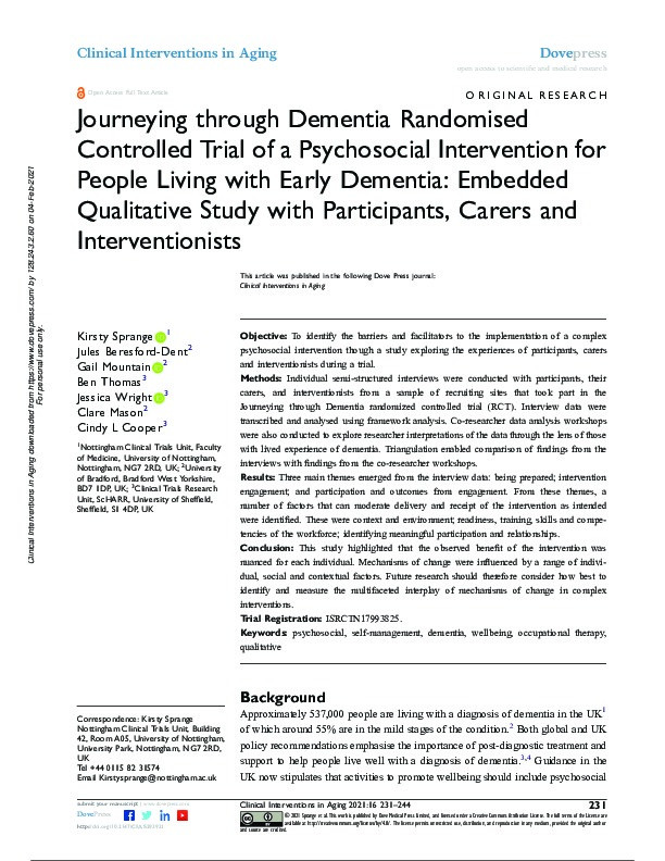 Journeying through Dementia Randomised Controlled Trial of a Psychosocial Intervention for People Living with Early Dementia: Embedded Qualitative Study with Participants, Carers and Interventionists Thumbnail