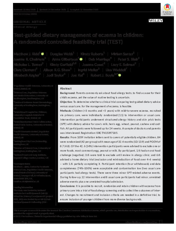 Test‐guided dietary management of eczema in children: A randomized controlled feasibility trial (TEST) Thumbnail