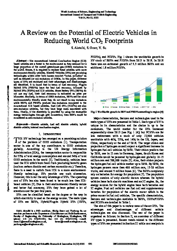 A Review on the Potential of Electric Vehicles in Reducing World CO2 Footprints Thumbnail