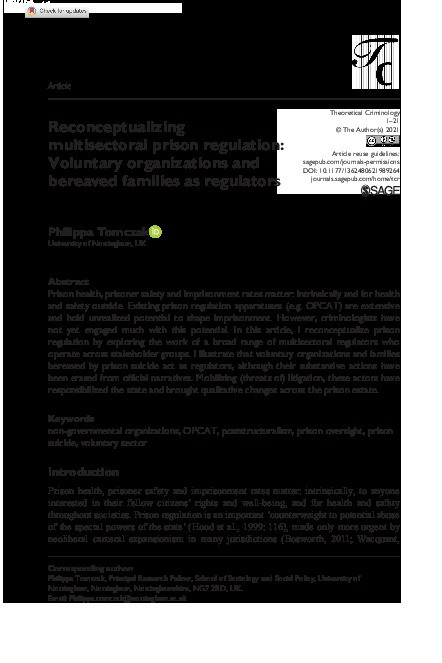 Reconceptualizing multisectoral prison regulation: Voluntary organizations and bereaved families as regulators Thumbnail