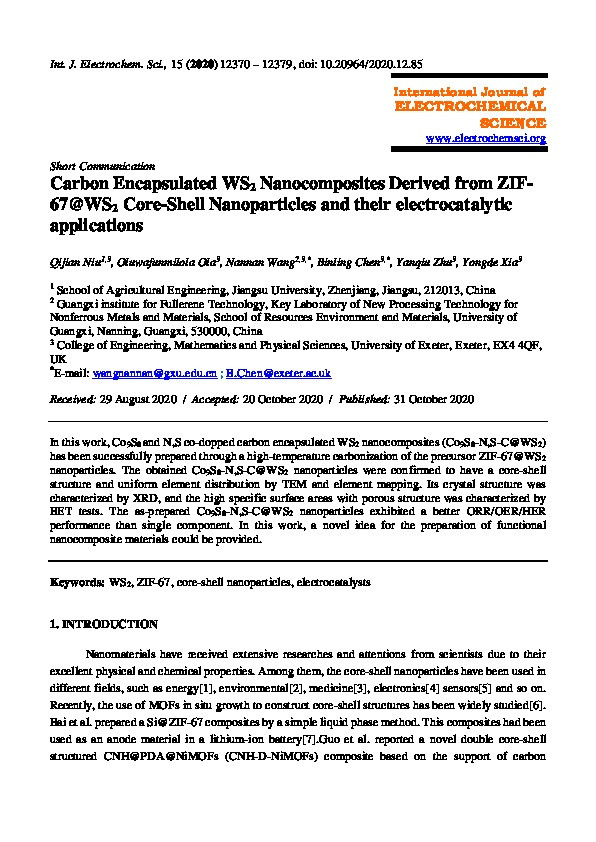Carbon Encapsulated WS<inf>2</inf> Nanocomposites Derived from ZIF-67@WS<inf>2</inf> Core-Shell Nanoparticles and their electrocatalytic applications Thumbnail