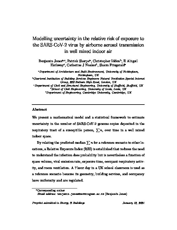 Modelling uncertainty in the relative risk of exposure to the SARS-CoV-2 virus by airborne aerosol transmission in well mixed indoor air Thumbnail