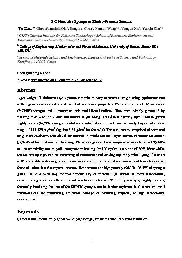 SiC Nanowire Sponges as Electropressure Sensors Thumbnail