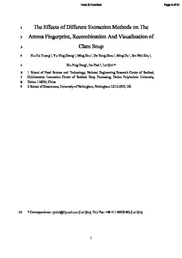 The effects of different extraction methods on the aroma fingerprint, recombination and visualization of clam soup Thumbnail