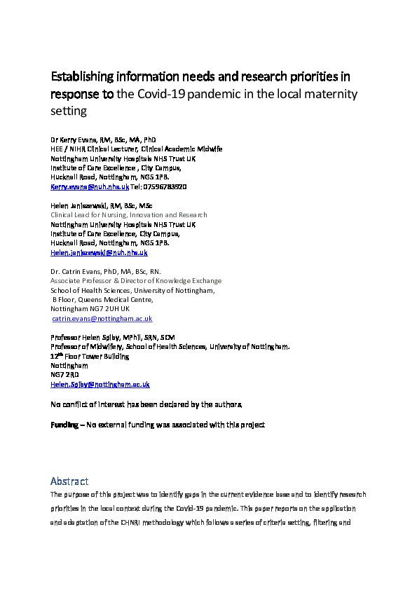 Establishing information needs and research priorities in response to the Covid-19 pandemic in the local maternity setting Thumbnail