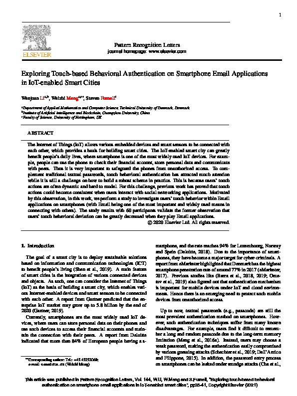 Exploring touch-based behavioral authentication on smartphone email applications in IoT-enabled smart cities Thumbnail