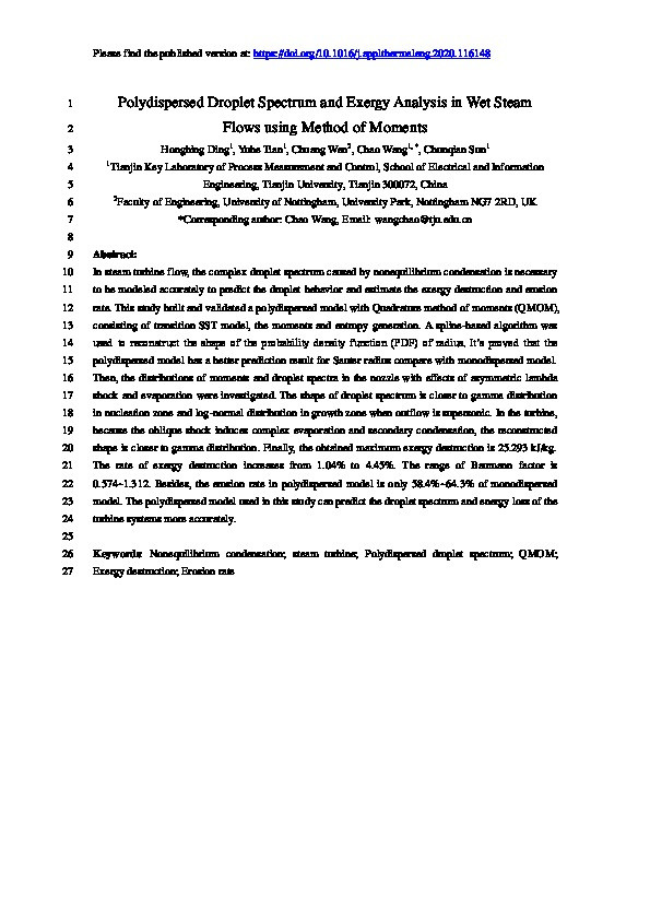 Polydispersed droplet spectrum and exergy analysis in wet steam flows using method of moments Thumbnail